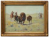 Lot 1260:  ELLSWORTH, Clarence Arthur, (American, 1885-1961): ''The Buffalo Hunt'', Oil/Canvasboard, 10'' x 14'', signed lower right, dated 1946, original carved and gilded western frame with wear 12 1/2'' x 16 1/2''. Est. $2000/4000**
CONDITION: Needs cleaning, fresh from the estate.