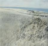 Lot 1239:  SNELGROVE, Walter H., (American, 1924-1995): ''Klimt Beach'', 1961, Oil/Canvas, Depicts a Cool toned Neo-Impressionist Landscape Composition arranged as a Heavily Foliated Sand Dune with Boulders, a Calm Blue Sea, and a Cloud Filled Blue Sky Above, no visible signature, framed in wood strip molding 71'' x 72 1/2''. Est. $2000/4000**