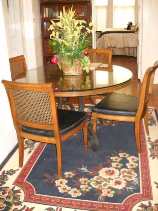IRON WOOD WITH GLASS TOP GAME TABLE AND 4 CANE BACK CHAIRS