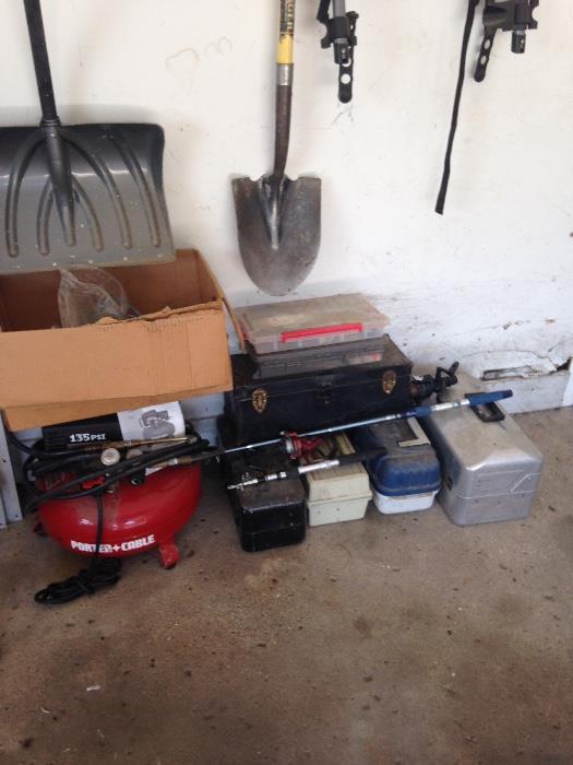 Porter Cable Air Compressor and Fishing gear and poles