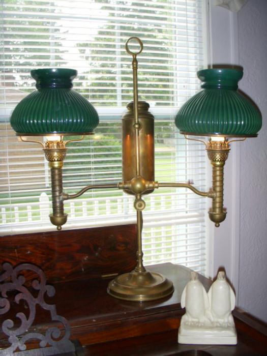Early double brass student lamp, electrified.  Penguin Rookwood bookend (only found one....)