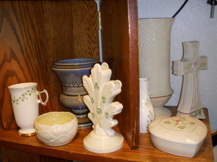 Belleek, and other Irish porcelain. Note: large vase behind cross is Lenox