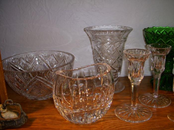 Waterford bowl in back, Other cut glass.  Pair of Waterford candlesticks