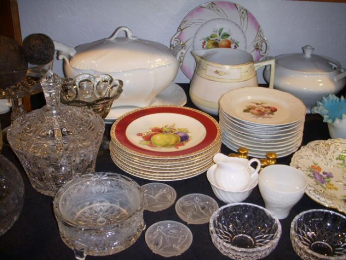 Assorted china and glass, including sets.  Bowls lower right are Val St. Lambert from Belgium (Signed VSL)