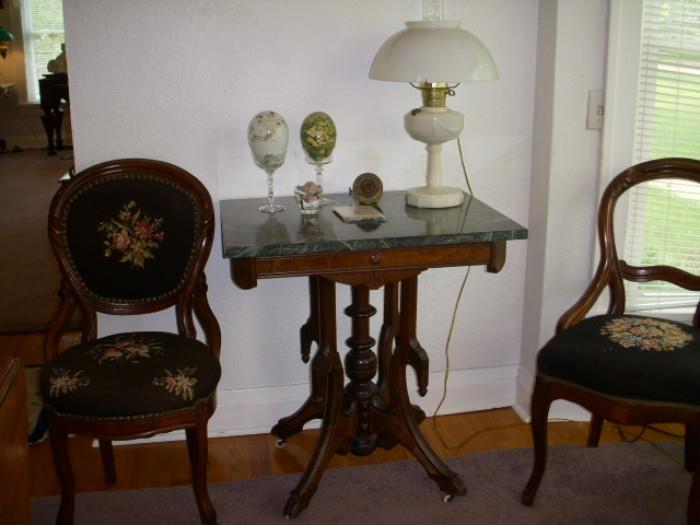 American walnut chairs (we have several), and American walnut marble top table.  