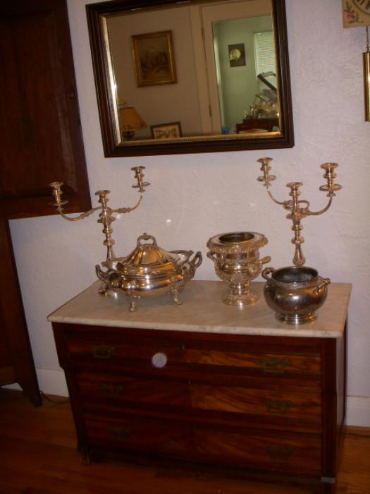 Walnut mirror, Walnut chest with marble top, Silverplate