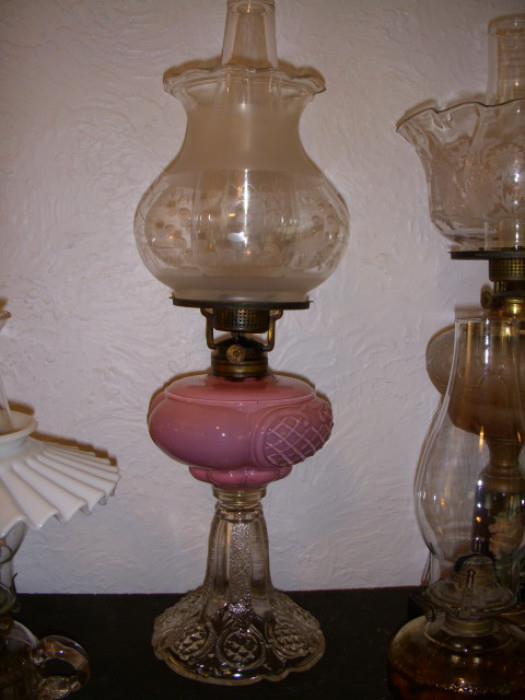 Consolidated Lamp & Glass Co. Prince Edward pattern oil lamp with unusual burner & shade, and desirable pink font