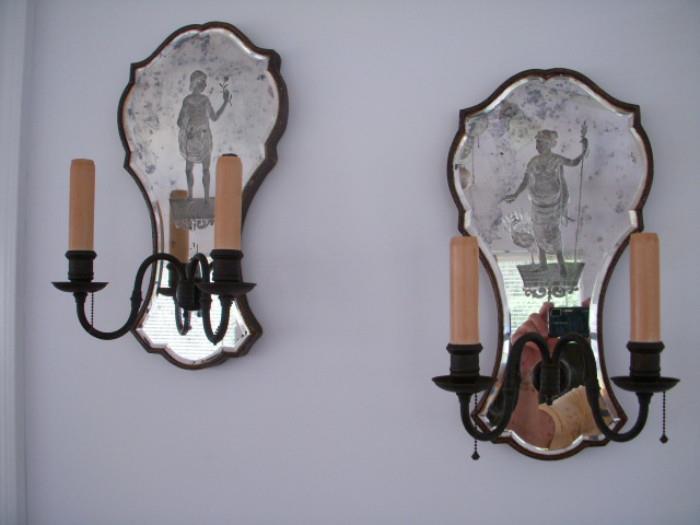 Wonderful Ca. 1920 (?) etched mirror wall sconces.  VERY cool!