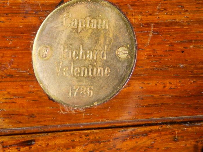 Plaque on the rosewood box, "Captain Richard Valentine, 1786"