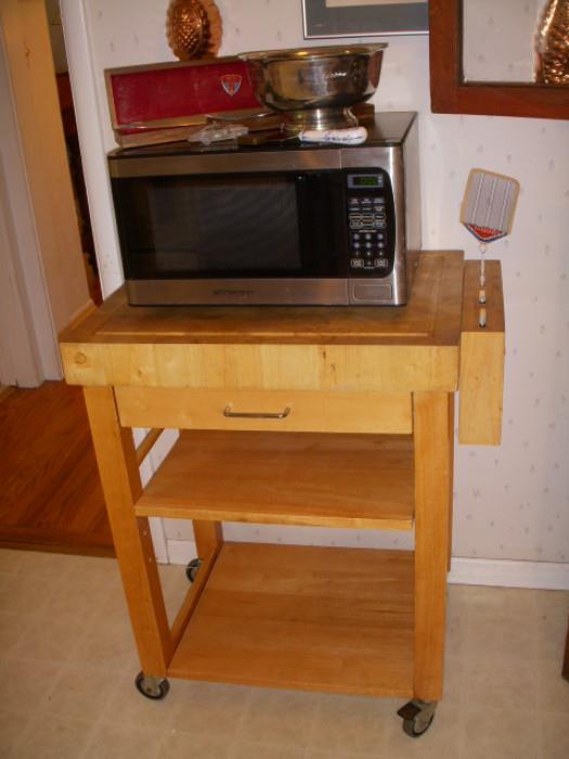 Butcher block cart and microwave