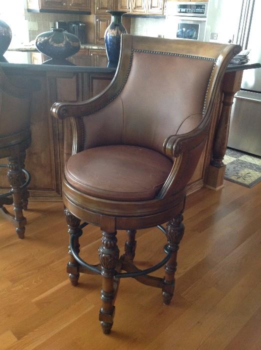 Ornate Wood Leather Swivel Counter Stool - 1 of 2