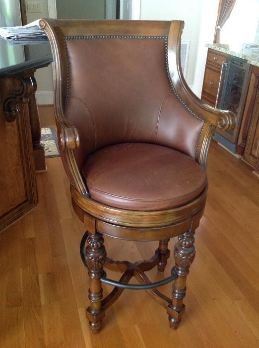 Ornate Wood Leather Swivel Counter Stool - 2 of 2