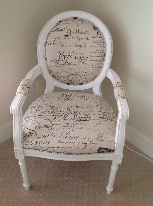 White Painted French Script Upholstered Arm Chair
