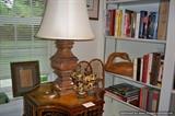 Maitland Smith table, antique snowshoes, wood lamp