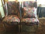 Pair wing back chairs in pristine condition, each with accent pillow, also large floor cushions in same floral fabric to combine for decorating