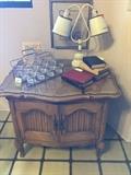 Drapery doors on end table cabinet with custom glass top