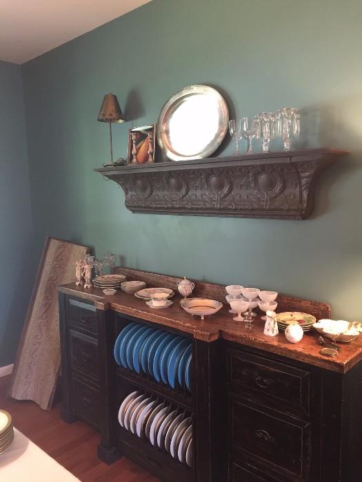 Lovely shelves, decorative plates, milk glass sherbet cups, Williams Sonoma dishes