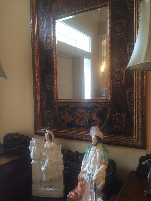 Staffordshire figurines; stunning black framed mirror