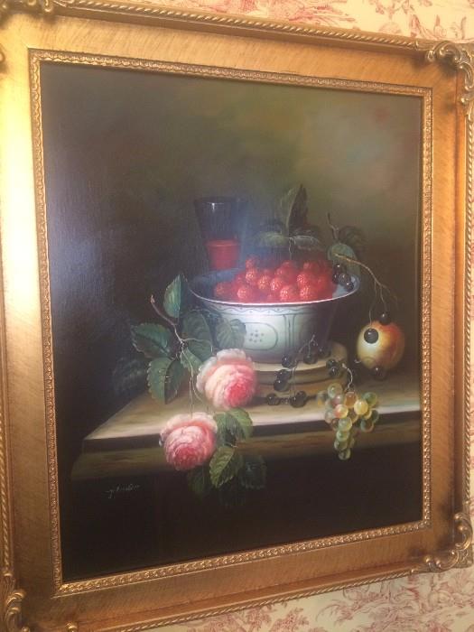 Framed art featuring fruit and flowers