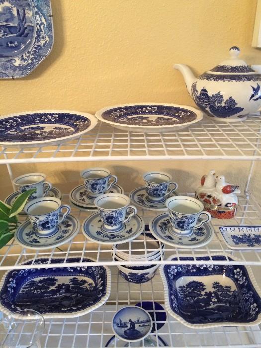 Spode transfer ware; Delft (from Holland) cups  & saucers