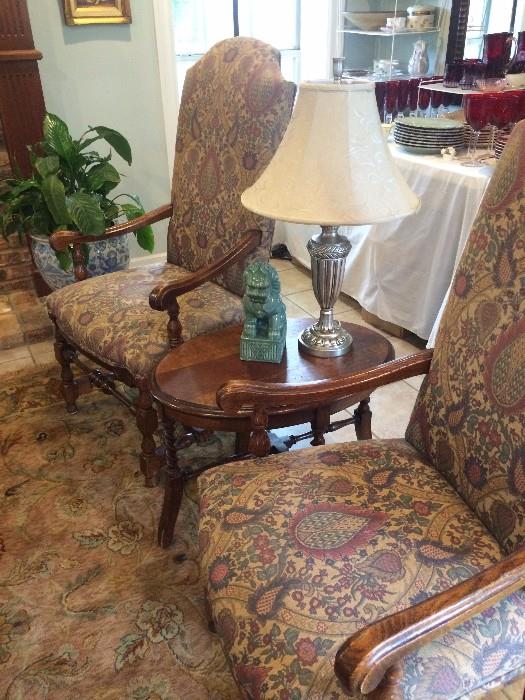 Antique arm chairs; small oval antique table