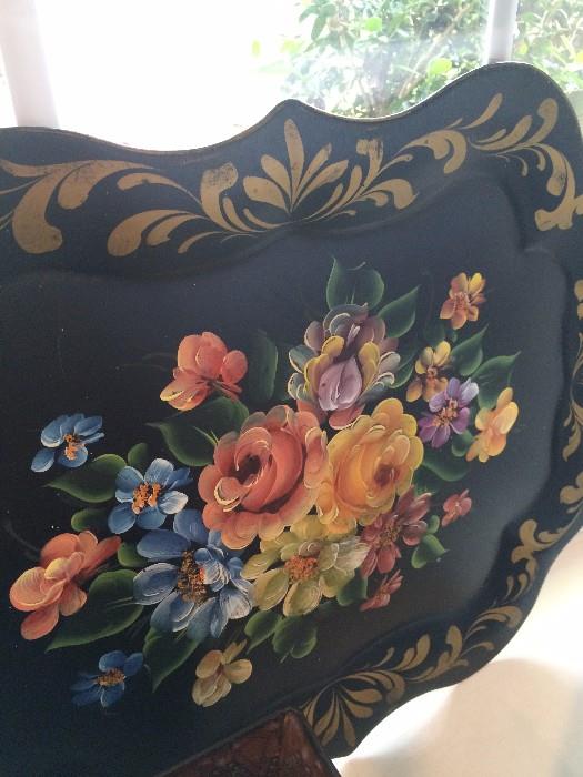 Large black metal hand painted (floral design) toleware  tray