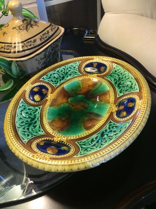 Brilliantly colored majolica footed bowl