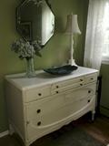 Antique dresser, mirrors, lamps
