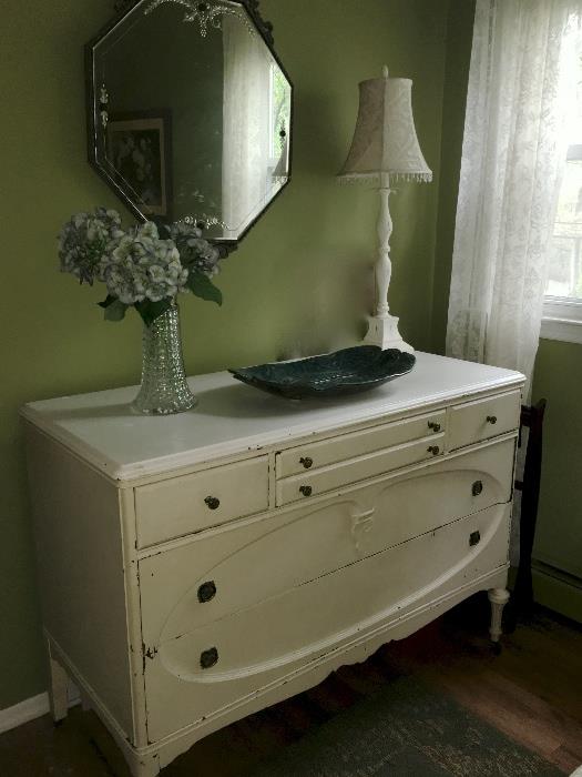Antique dresser, mirrors, lamps
