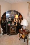 Black Lacquer with Mother of Pearl Inlay circular screen/back drop/room divider, other lacquer furniture pieces