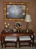 Table with 2 Stools, Framed Art, Brass Lamps and Accent Pieces (sorry Globe will be removed from sale)