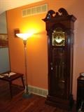 Mid Century TV swivel stand, torchiere lamp, Sligh exceptional grandfather clock with recent company valuation.