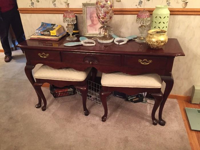 Mahogany sideboard or console table and two benches