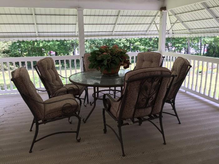 Wonderful Patio Furniture with Large etched  glass Top Table with lazy Susan center
