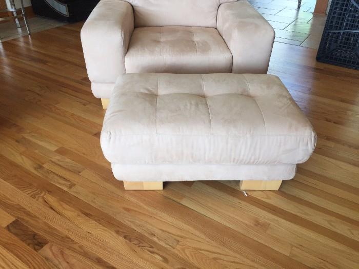 GORMANS MICROFIBER AND BLONDE WOOD MODERN CHAIR WITH OTTOMAN