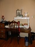 Small desk & chair, file cabinet, pictures, miscellaneous collectibles. 