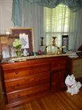 Large dresser without mirror, ceramic dog, pictures, corner shelf with roosters
