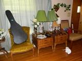 Guitar, vintage chairs, 2 end tables, lamps, wall decor