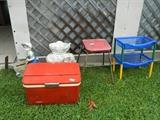 Ice chest, yard art, vintage stool