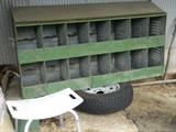 Bath stool, tire, vintage green chicken nesting box