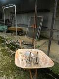 wheelbarrow, small granite ware pan, car jacks