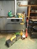 3 weed eaters / 2 electric & 1 gas (Stihl). 2 blowers & new in box jack & jack stand. 