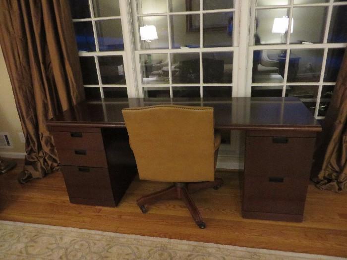 Executive solid wood desk & Leather nailhead chair, includes hutch.