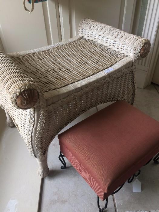 Vintage white wicker vanity bench; small foot stool