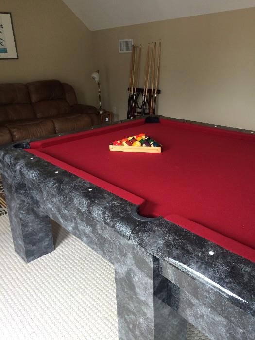 Harvard pool table; brown 3-cushion sofa