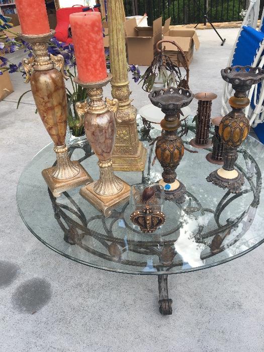 coffee table, candle stick holders