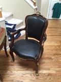 LOUIS XV BLACK LEATHER MAHOGANY AND ORNATE BRASS DESIGNS FRENCH CHAIR