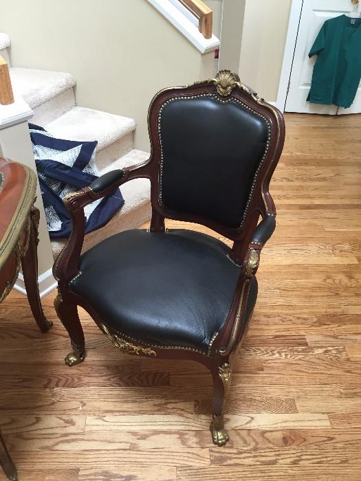 LOUIS XV BLACK LEATHER MAHOGANY AND ORNATE BRASS DESIGNS FRENCH CHAIR