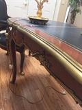 LOUIS XV BLACK LEATHER MAHOGANY AND ORNATE BRASS DESIGNS FRENCH DESK WITH KEY