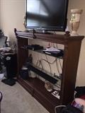 MAHOGANY TALL ENTERTAINMENT CENTER WITH CUSTOM MADE GLASS SHELVING